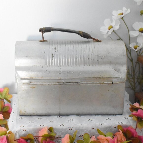 Vintage Antique 1950s Silver Dome Top Metal Miner Workmans Lunchbox Case - Picture 10 of 16